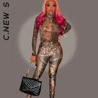 Женский комбинезон с высоким воротником и длинным рукавом, облегающие пикантные Леггинсы с принтом, весна 2022, женская модная уличная одежда, спортивный костюм Y2k