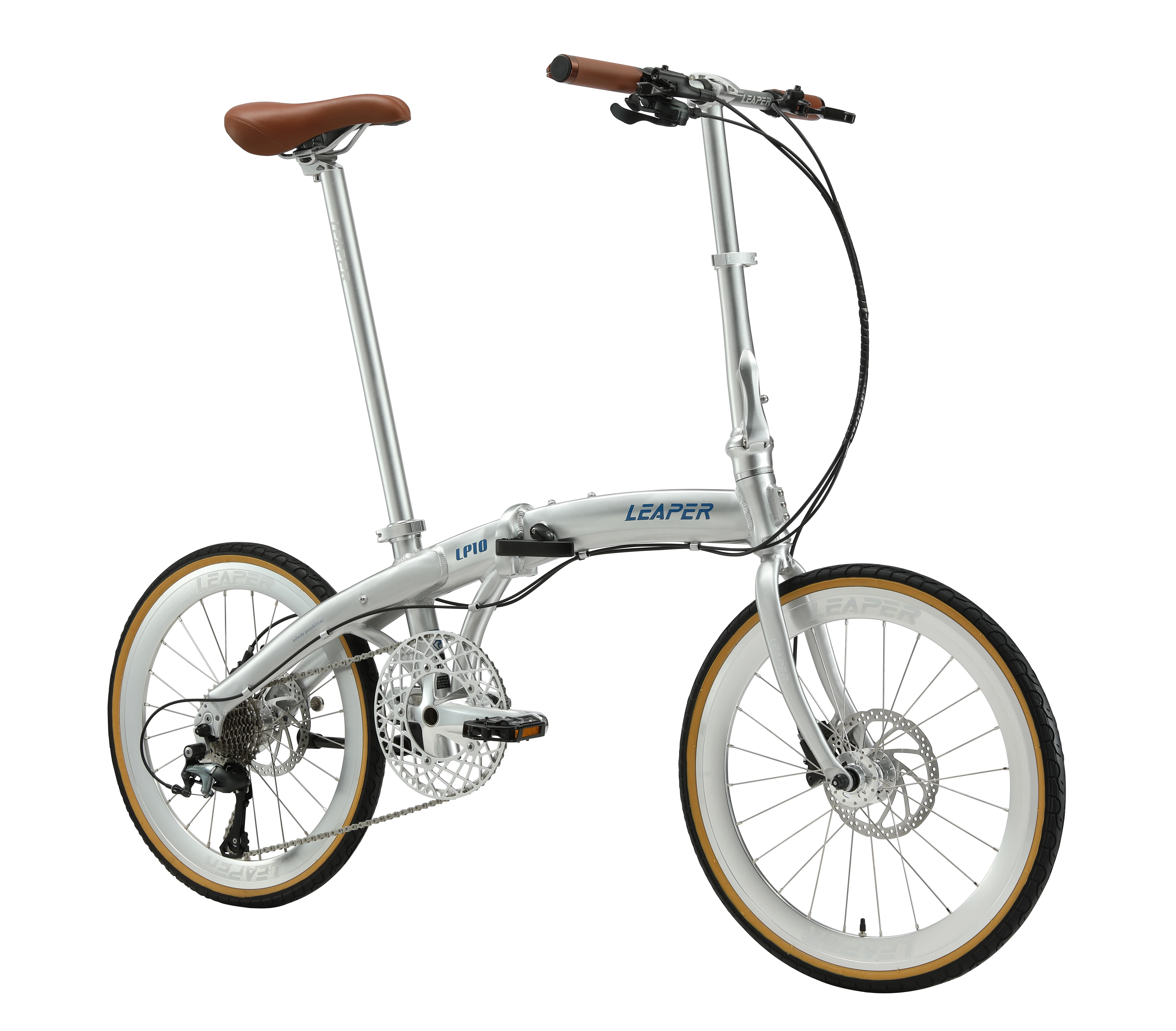 Коричневый кожаный складной велосипед с алюминиевыми дисковыми тормозами Shimano 451 мм, гидравлическими тормозами и педалями 53T для городских поездок (art.: 3920d97bfc83e) - 3920d97bfc83e