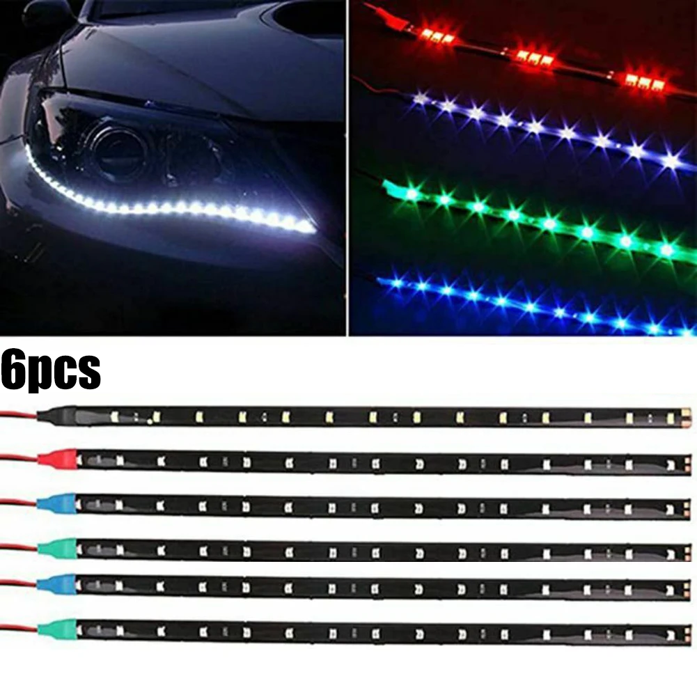 

6Pcs 12V 15SMD Flexible LED Strip Light Car Ambient Decorative Lamps Waterproof For Car Truck Boat 30CM White Red Yellow Bule