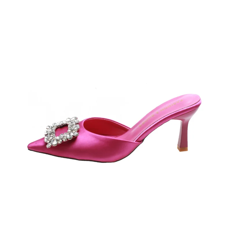 Pointed Toe Slingback Mules Women Fashion Square Rhinestone  Women's Sandals Sexy Thin Heels Party Slippers 2023 Summer Sandals