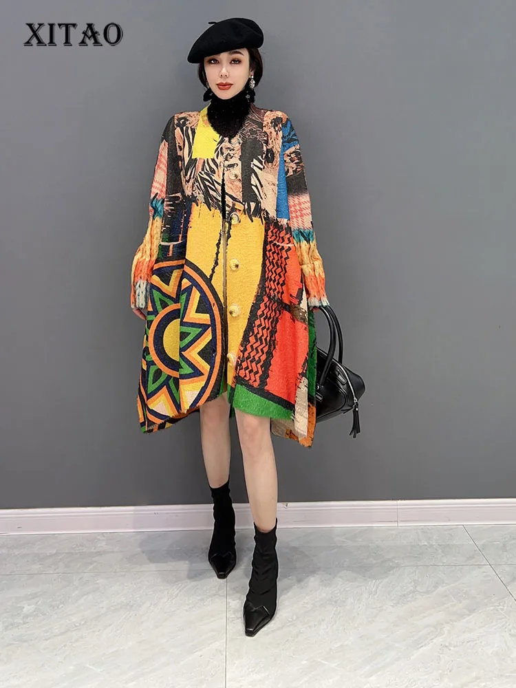 

XITAO Knitted Pattern Dress Fashion Irregular Single Breast Full Sleeve Goddess Fan Casual Style Minority Loose Dress SMH1061