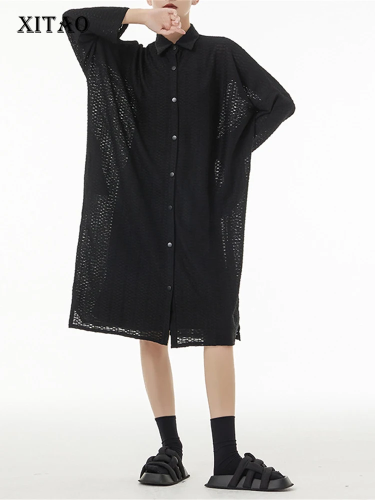 

XITAO, Сетчатое платье, черное, маленькое, свежее, повседневный стиль, длинный рукав, богиня, веер, миноритарное, элегантное плиссированное пла...