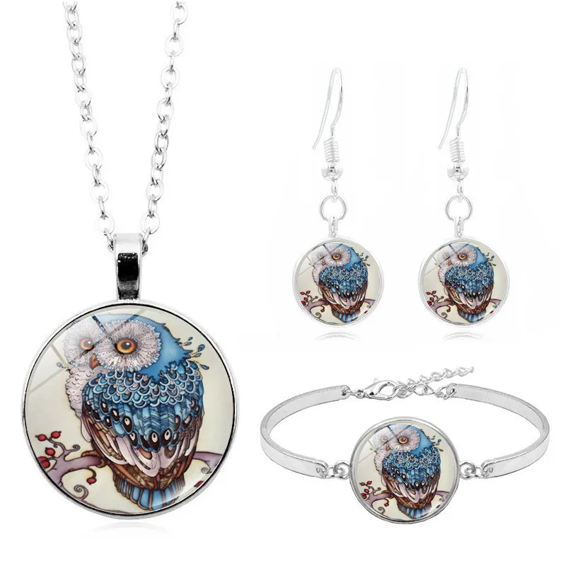 

LE Retro Owl Art Photo Jewelry Set Cabochon Glass Pendant Necklace Earring Bracelet 4 Pcs Women's Party Gifts