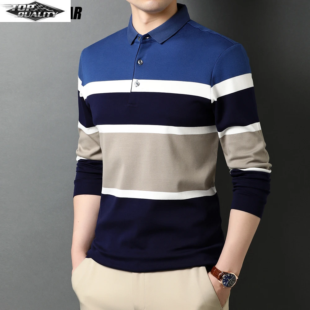 

Top Quality 2022 New Fashion Designer Brand Striped Long Sleeve Polo Shirt Casual Plain Turn Down Collar Tops Mens Clothing