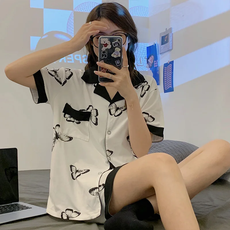 CAIYIER 2022 Summer Coloful Butterfly Pajamas Set Sweet Short Sleeve Top Shorts Sleepwear Korean Kawaii Chic Nightwear Pyjamas
