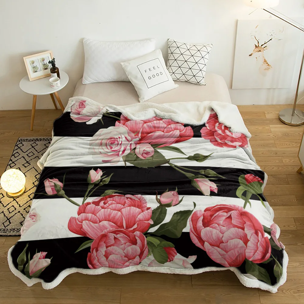 

Peony Rose Pink Flower Black And White Stripes Cashmere Blanket Thick Winter Bed Lamb Blankets Office Nap Sofa Bed Bedspread