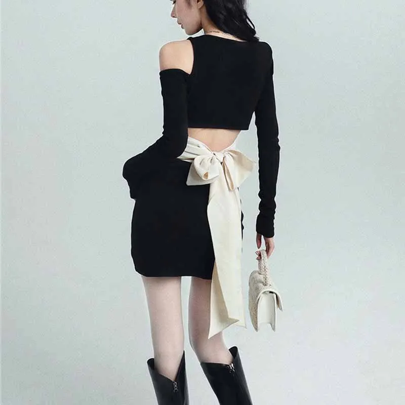 

Женское трикотажное платье с бантом, черное платье с длинным рукавом и открытой спиной, весна 2022