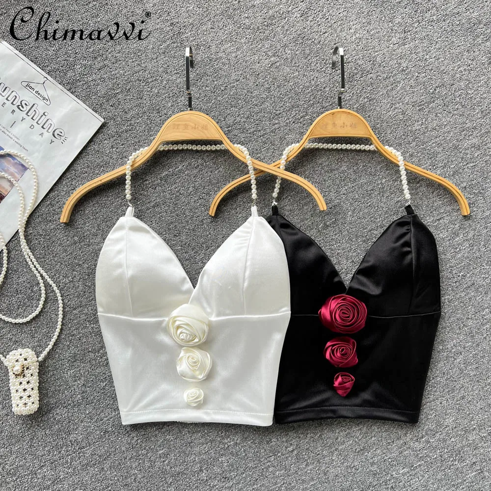 

Elegant Pearl V-neck Halter 3D Flower Short Slim Fit Backless Sexy Top Women's 2022 Summer New Fashion Solid Hot Girl Camisole
