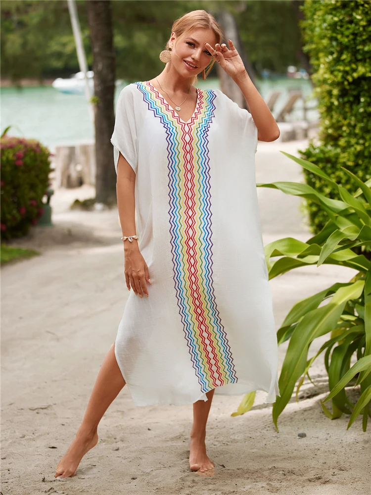 

2022 Elegant Gold Embroidered Kaftan Retro V-neck White Dress Plus Size Women Clothes Summer Beach Wear Loose Maxi Dress Q1506