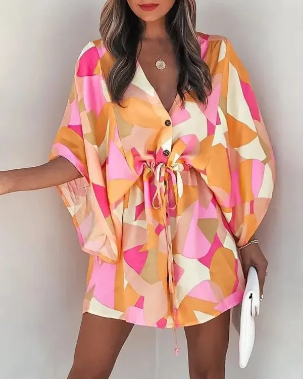 

Fashion Bat Short Sleeve \u200bDresses 2022 Women Beach Vacation Mini Dress Summer Office Ladies Elegant V Neck Print Dress