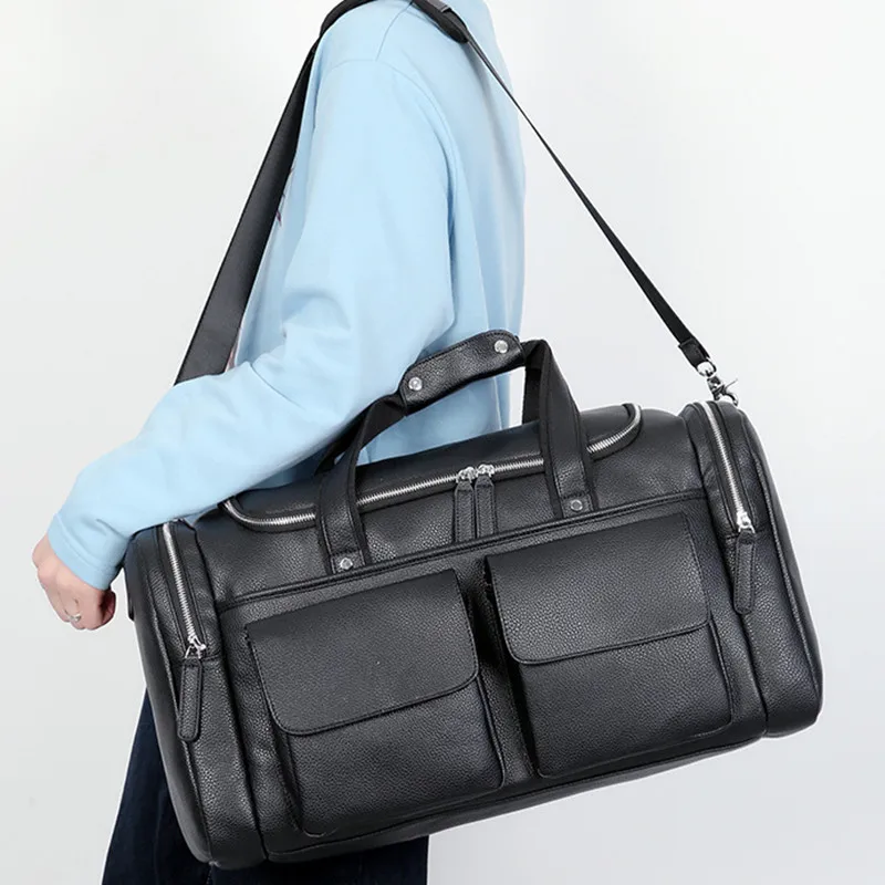 Large Capacity Business Men Travel Bag Carry on Luggage Bag Man Hand Duffel Bag PU Leather Shoulder Bag Male Gym Tote Bag