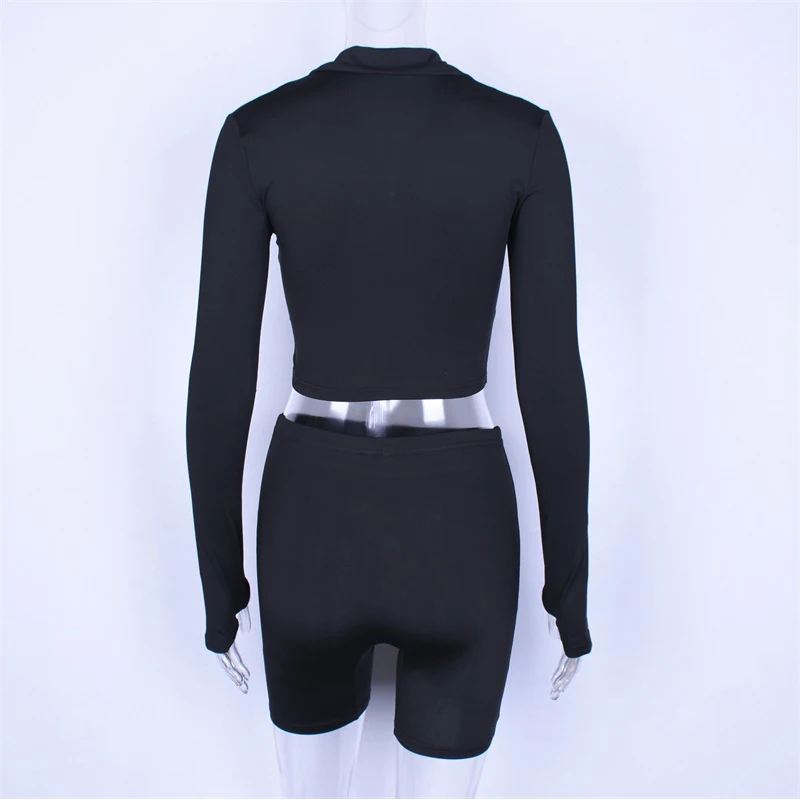 2 Pieces of 2021 Summer and Autumn Women's Long Sleeve Zipper High Neck Elastic Sexy Crop Top Shorts Fashion Casual Sports Suit