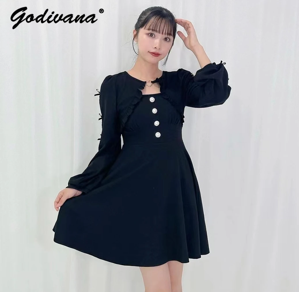 

Japanese-Style Mine Hollow-out Long Sleeve Bowknot Dress Spring Autumn New Solid Color Sweet Girls' Waist Trimming Short Dress