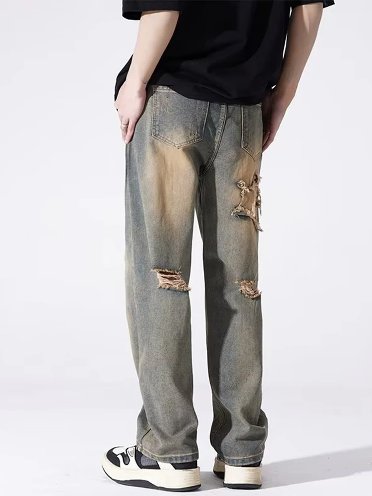 Men's Ripped Jeans Patchwork High Street Straight Wide Leg Pants Retro Loose Fit Wide-Legged Jeans Men Pants