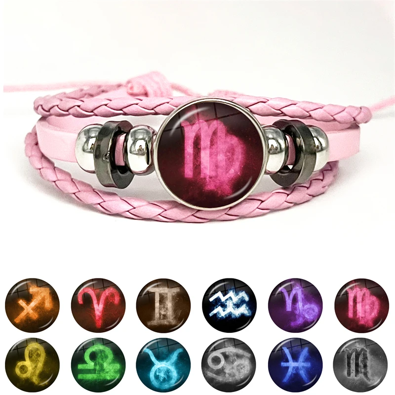 

2023 New Fashion Black Pink Leather Bracelet 12 Constellation Zodiac Sign Cancer Leo Virgo Libra Woven Glass Dome Jewelry Gift