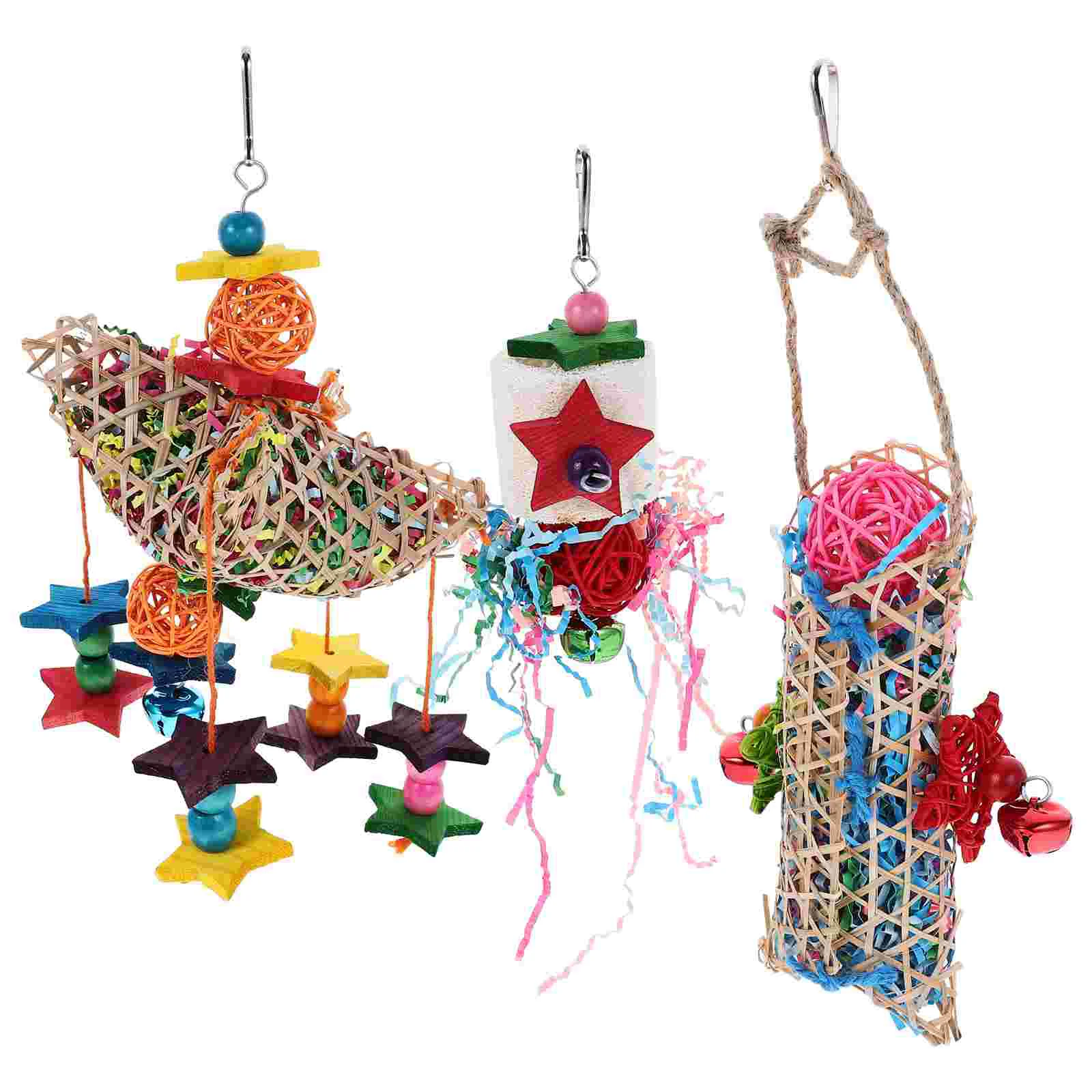 

3 Pcs Parakeet Perch Parrot Cage Toys Takraw Plaything Chewing Bamboo Weaving Bite Pet Supplies Birds accessories