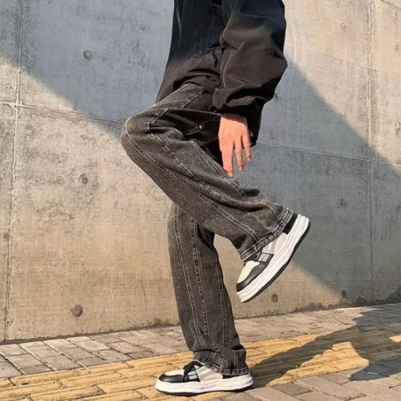 DEEPTOWN Retro Patchwork Jeans Men Loose Casual Fashion Straight Streetwear Youth Denim Pants Korean Style Black Trousers Male