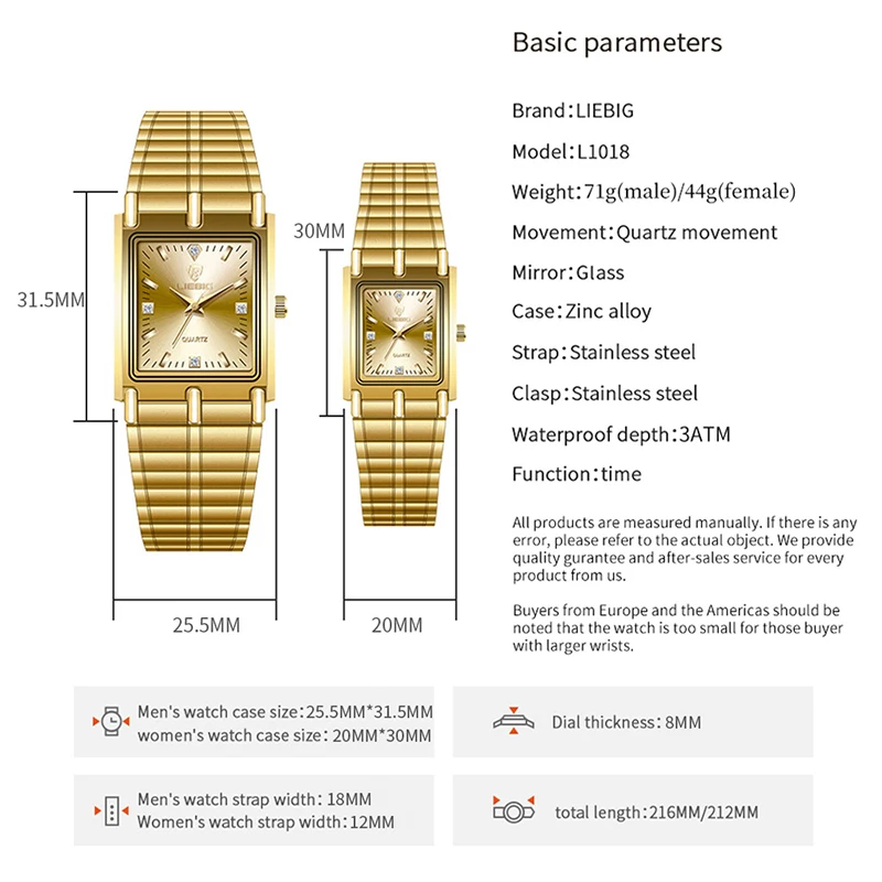 LIEBIG Luxury Gold Steel Bracelet Wristwatches Female Male Clock Golden Quartz Watch For Men Women Watches relogio masculino