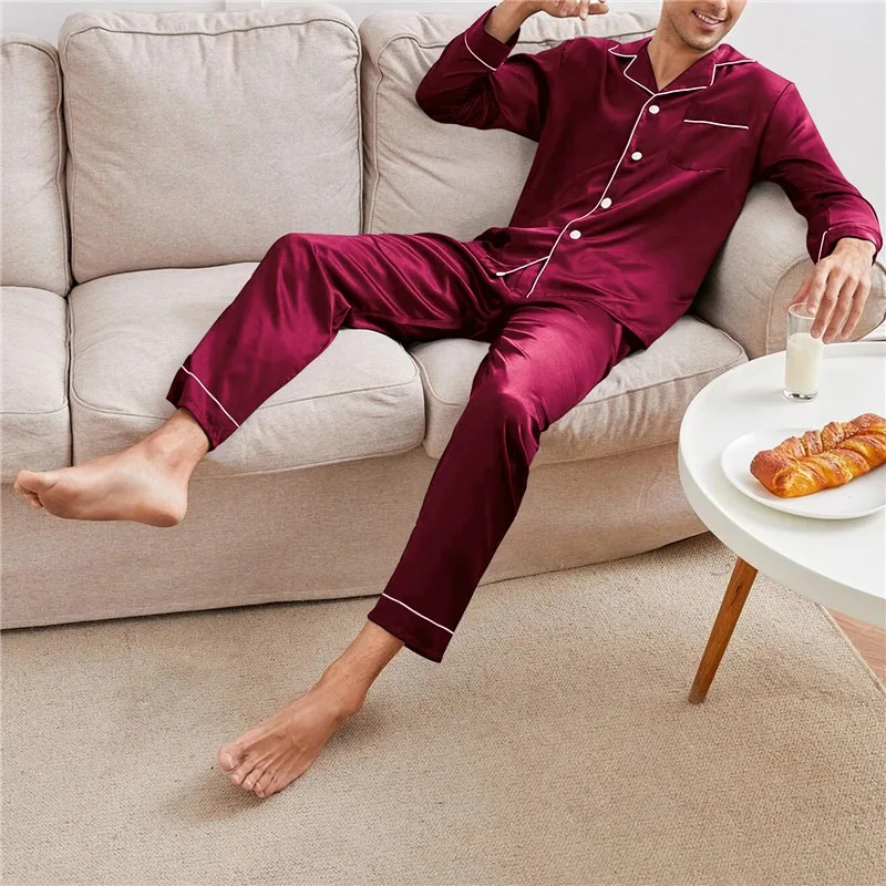 

Мужская однотонная Пижама с воротником, атласная Весенняя длинная Пижама 2023, Мужская одежда для сна с двумя рукавами, одежда для сна с отложным воротником