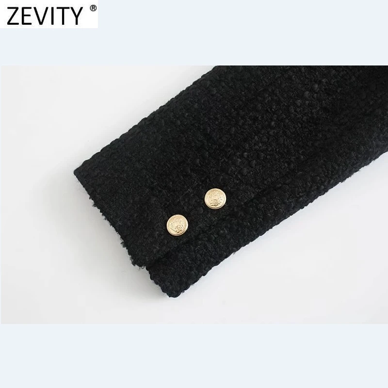 Женский двубортный пиджак Zevity черный твидовый шерстяной короткий винтажная