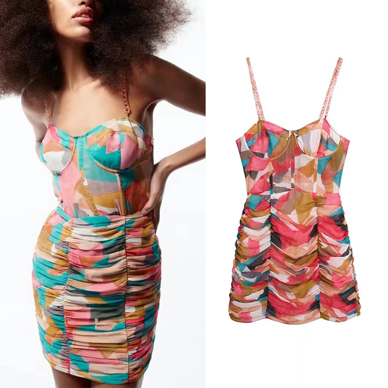 

Summer 2022 Women Chain Strap Print Dress Sleeveless Backless Female Beach Style Short Dresses BB22130