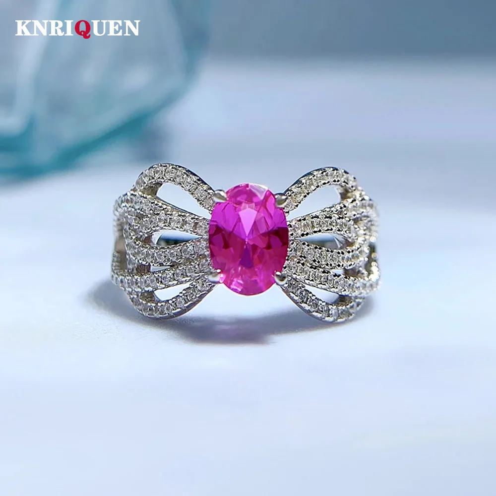 

Luxury 100% 925 Solid Silver 5*7mm Rose Red Ruby Bowknot Ring for Women Charms Lab Diamond Wedding Rings Party Fine Jewelry Gift