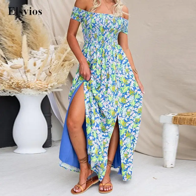 

Шикарное винтажное пляжное Свободное платье с цветочным принтом, пикантное богемное платье с открытыми плечами и разрезом на подоле, повсе...