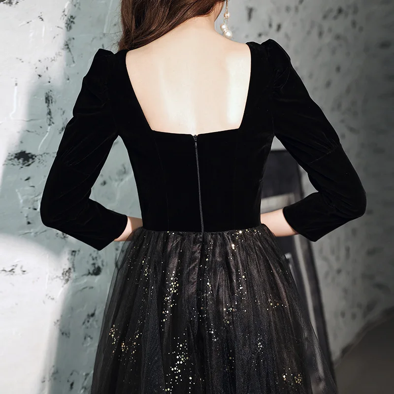 Black banquet evening dress spring long sleeve dress long square neck temperament mesh French annual meeting evening dress