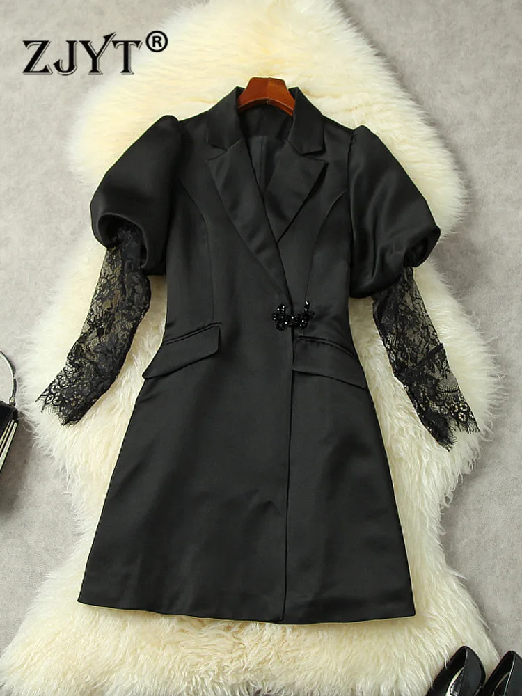 

ZJYT Lace Patchwork Puff Sleeves Beading Mini Blazer Dress for Women Spring 2022 Elegant Office Lady Party Vestidos Black