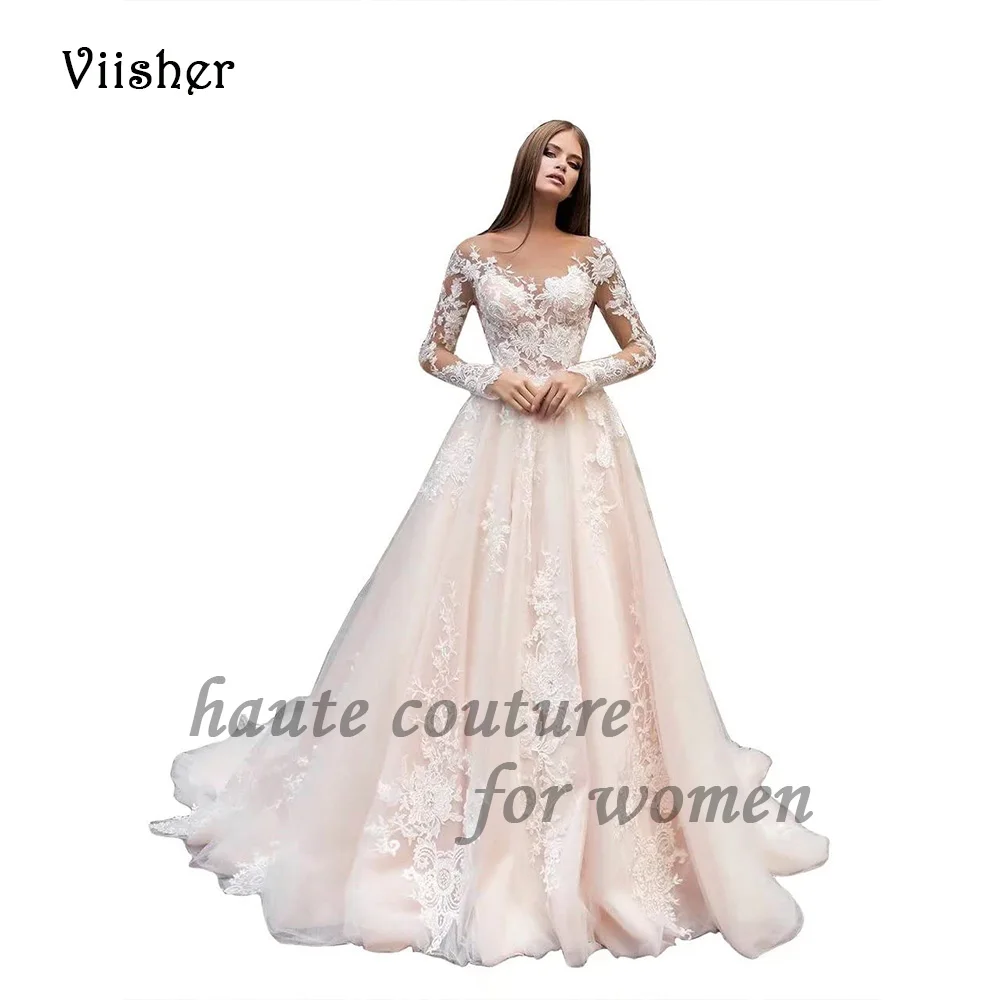 

Champagne A Line Wedding Dresses for Bride Long Sleeve V Neck Bridal Gowns with Train Luxury Boho Beach Bride Dress