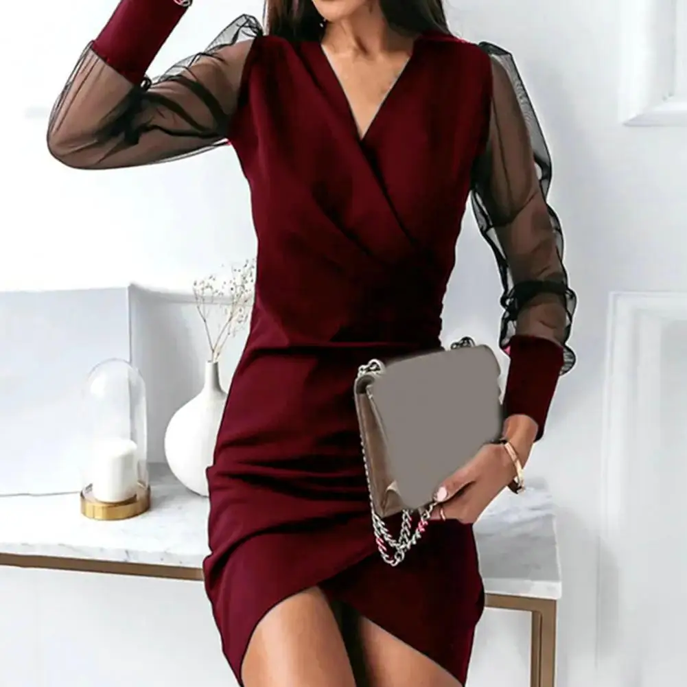 

Women Prom Dress See-through Mesh V Neck Ruched Solid Color Dress-up Long Sleeves Patchwork Party Dress Female Clothes Vestido