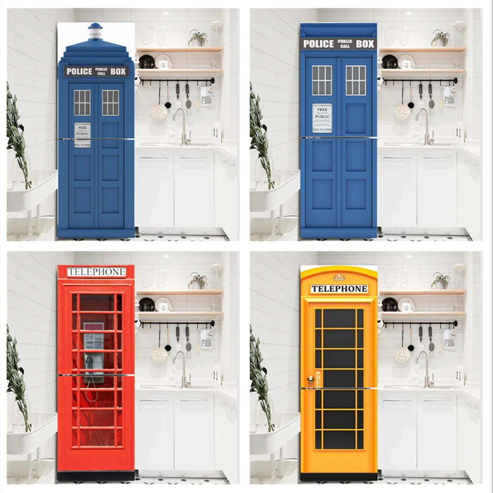 

Red Yellow Blue Phone Booth Police PVC Refrigerator Door Sticker Waterproof Self-adhesive Poster Fridge Wallpaper Decor Decals