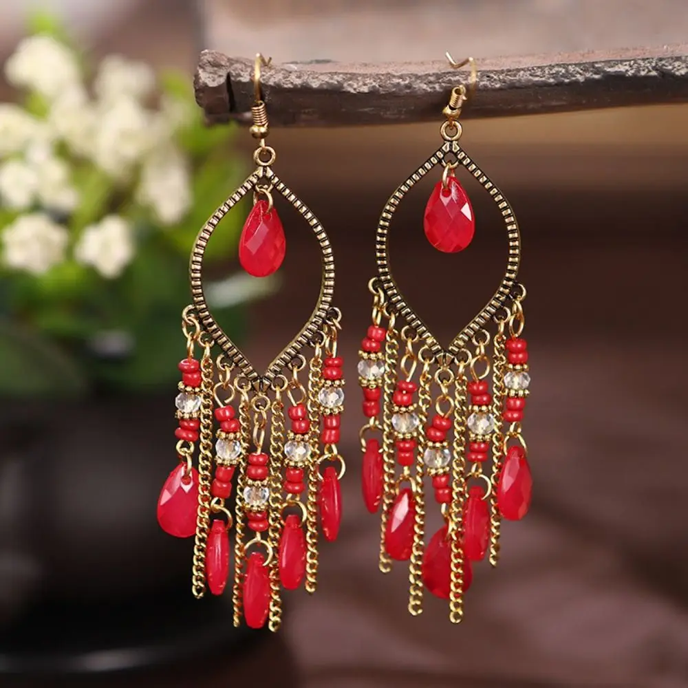 

Ear Hook Personality Dangle Earrings Women Drop Earrings Bohemia Wedding Earrings Crystal Beads Long Tassel Earrings