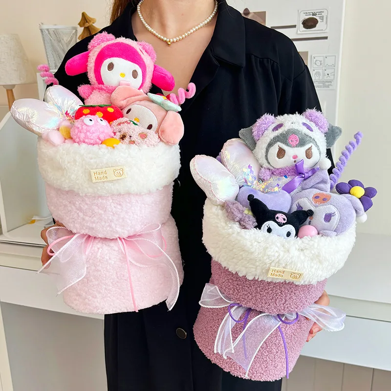 Sanrio My Melody Kuromi Cinnamoroll плюшевая кукла игрушка с цветами креативный букет ручной