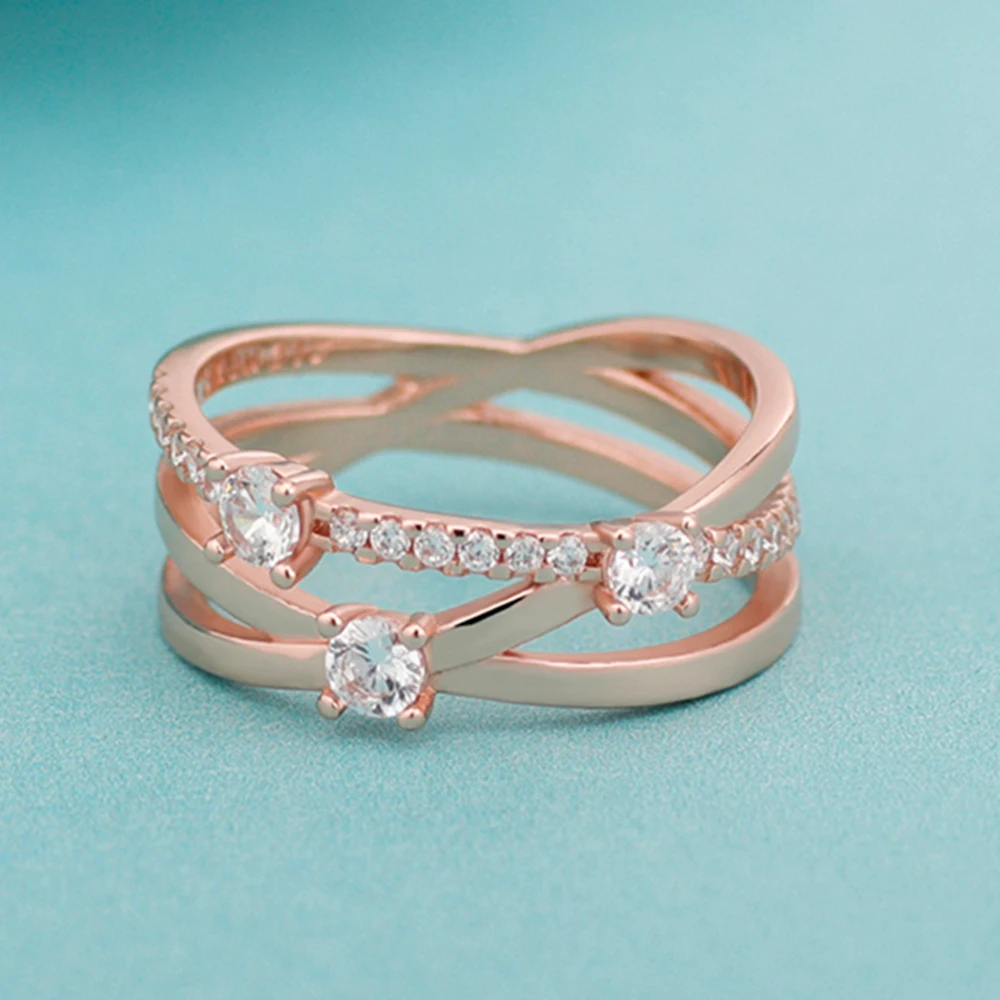 Pandora-Bague Triple Bande de Rotterdam pour Femme, Argent S925, Or Rose Original, Bijoux de Luxe Élégants, Cadeau avec Sac