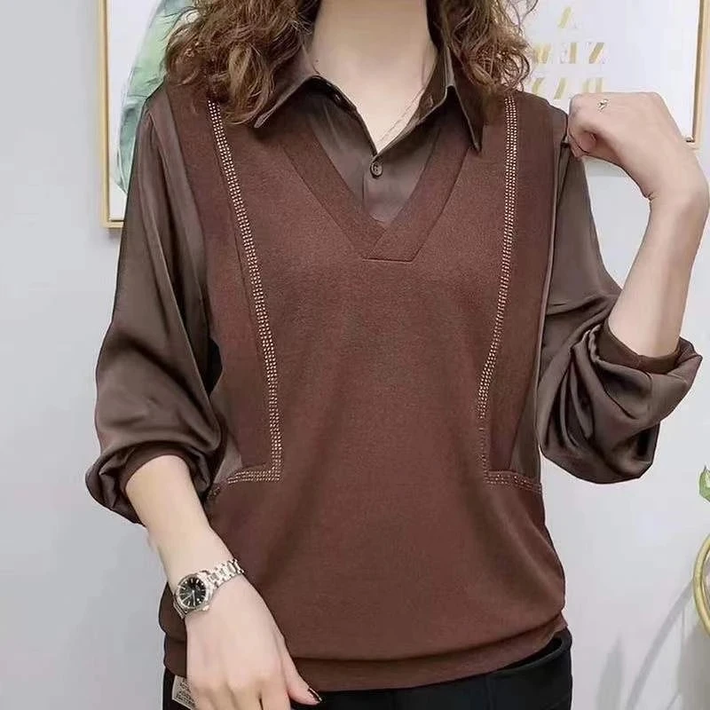 

Thin Solid Polo-Neck Slim Women's Clothing Autumn Winter Office Lady Spliced Fake Two Pieces Pullover Women Oversized T Shirt