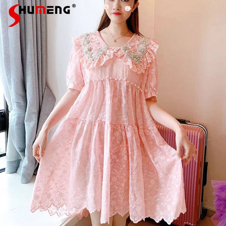 

Ladies 2022 Summer New Korean Style Sweet Beads Rhinestone Lace Dress Women's Fashion Fairy Doll Collar Loose Slimming Dress