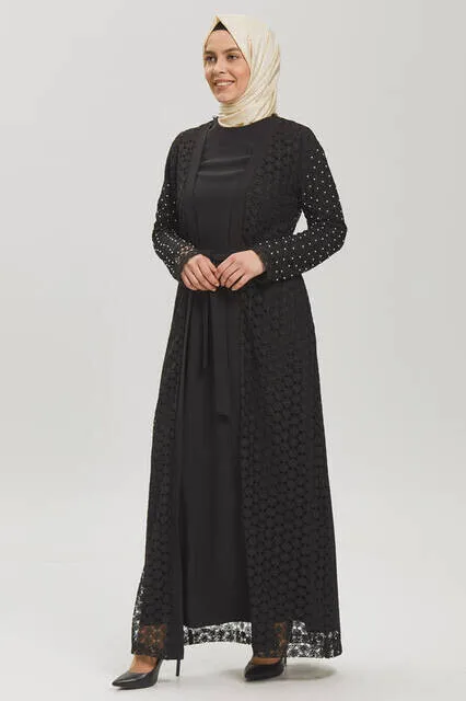 

IQRAH Deep Black Filet Lace With Pearls Ferace 8029-20
