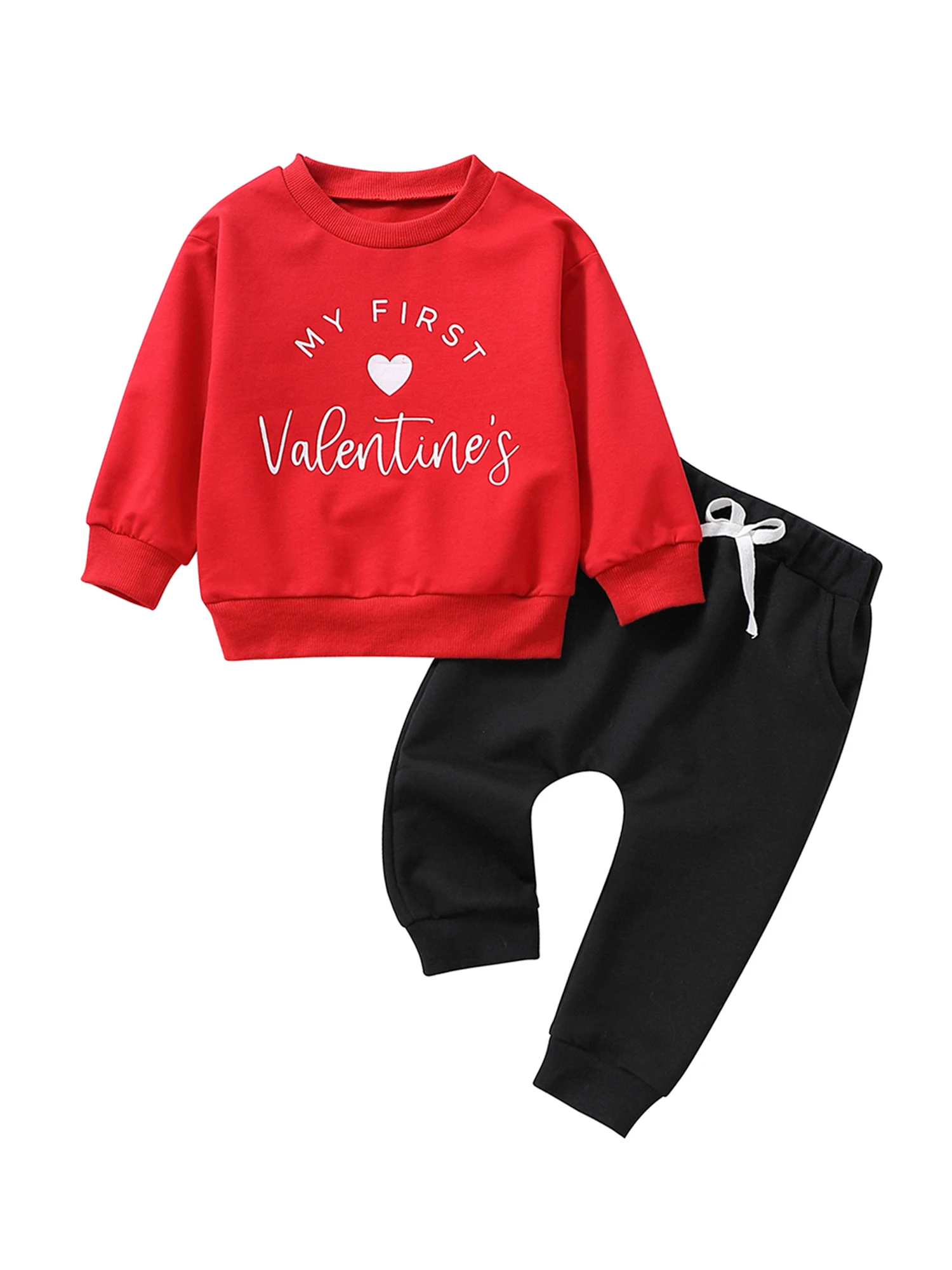 

Костюм для новорожденных на День святого Валентина, костюм для маленьких мальчиков с сердечками, буквами, Красная толстовка, черные штаны для бега, комплект из 2 предметов, одежда