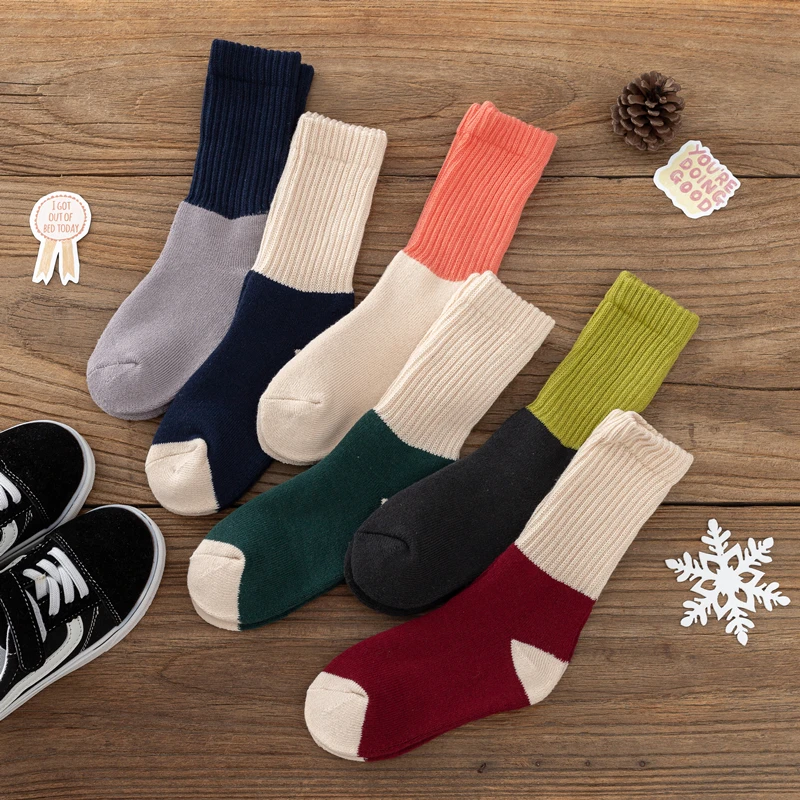 

Новинка, теплые детские носки, зимние разноцветные махровые носки в стиле пэчворк для мальчиков и девочек, модные мягкие хлопковые детские носки-трубы с иглой, оригинальные