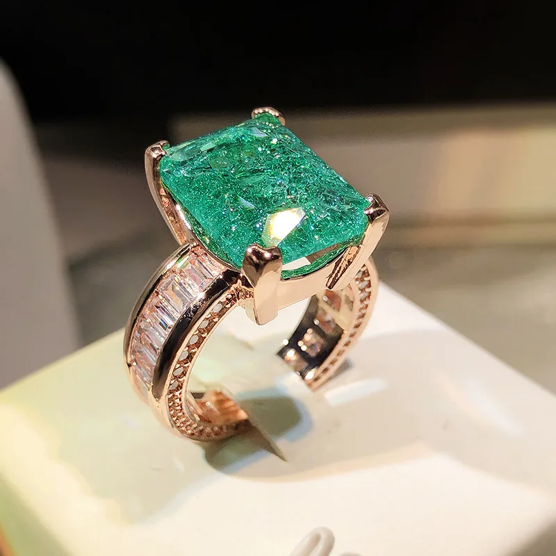 

RUZZALLATI Big Princess Cut Square Paraiba Tourmaline Ring Luxury Rose Gold Color Wedding Engagement Bridal Female Jewelry