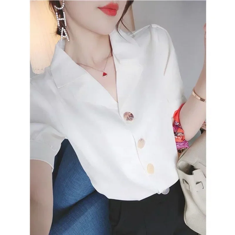 Элегантная белая шифоновая рубашка с коротким рукавом для женщин летний