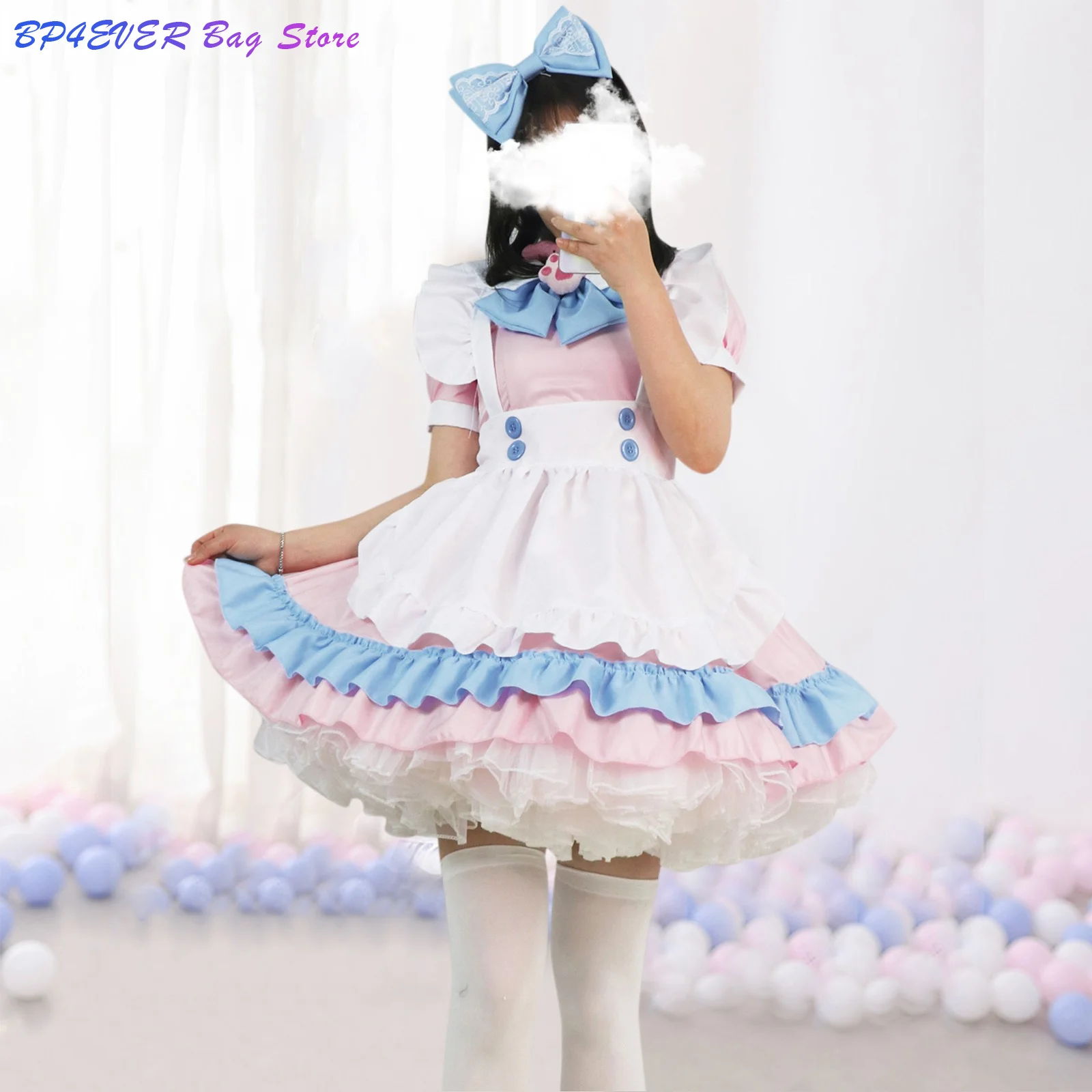 

Kawaii Girl Fashion Maid Outfit Lovely Cute Maid Cosplay Costume Dress Set Fashion Sweet Maid Rem Cosplay Ruffle Smocked Bow