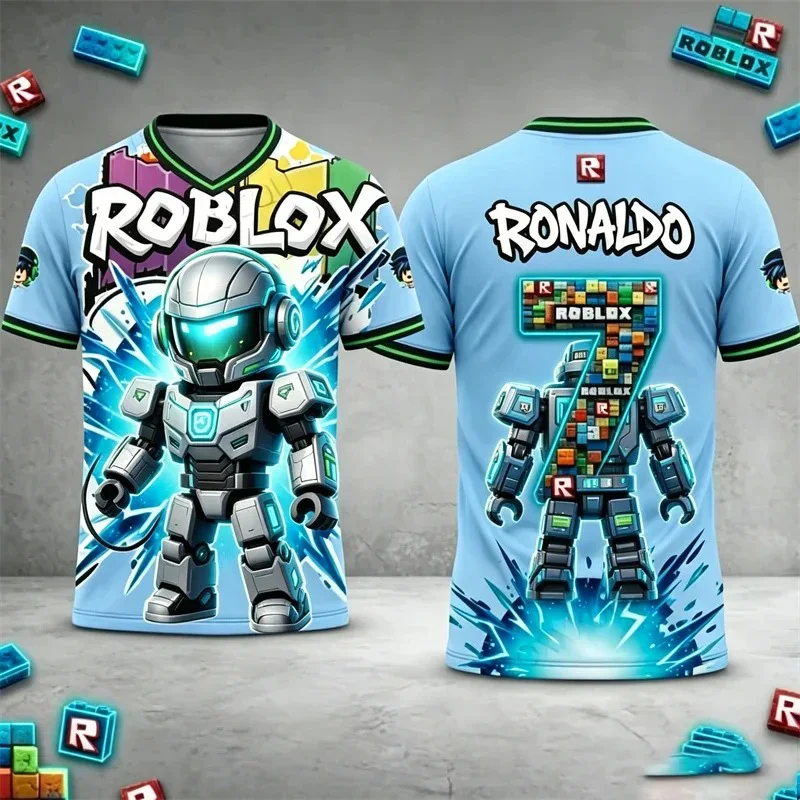 Фото Детская футболка Roblox с индивидуальным именем, 3D-принтом робота, коротким рукавом, повседневная, дышащая, спортивная, для мальчиков и девочек, летняя, подарок №4