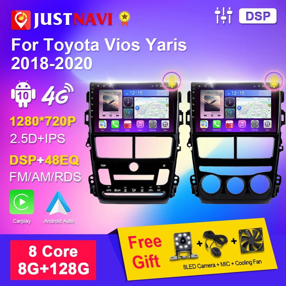 JUSTNAVI Android 10 for Toyota Vios Yaris 2018 2019 2020 Autoradio Car Radio Stereo Video Multimedia Player with IPS Display