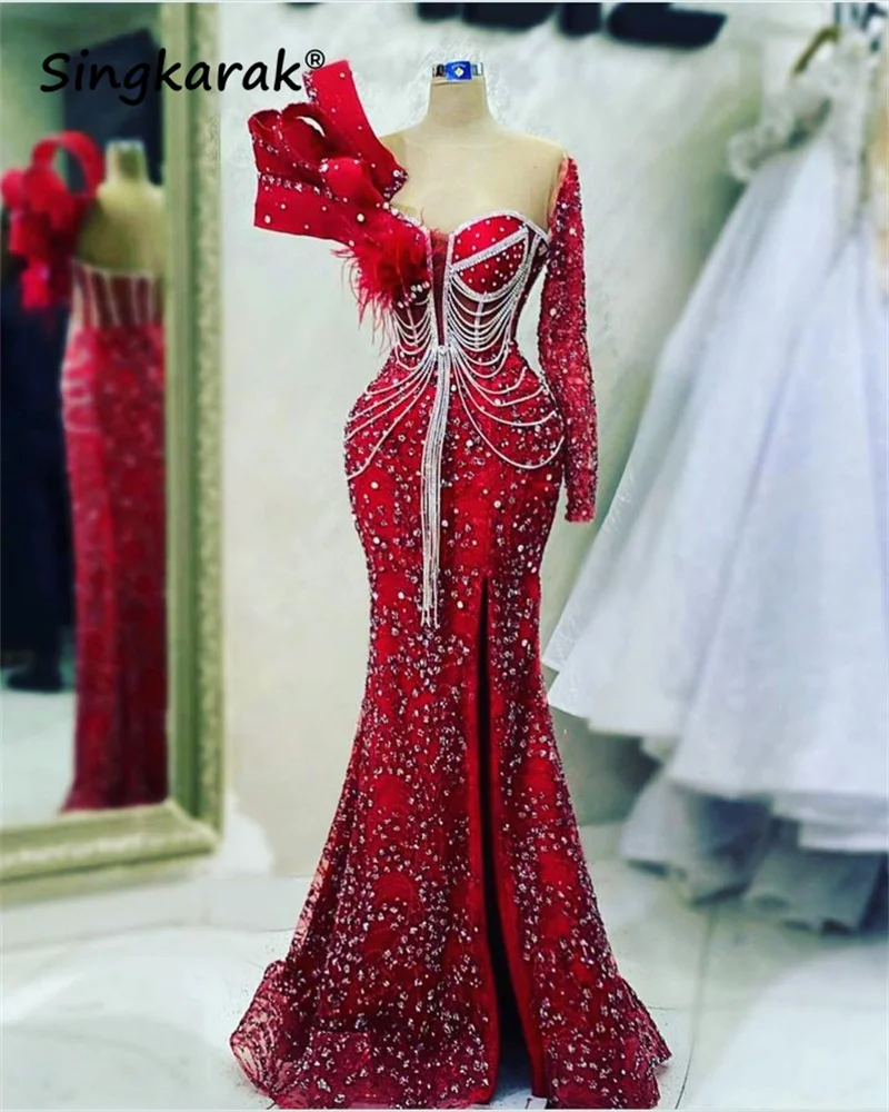 

Luxury Dubai Mermaid Evening Dress 2023 One Shoulder Sparkly Crystal Beading Feathers Birthday Wedding Party Prom Gown Robe