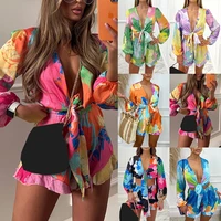 2022 spring and summer new womens temperament printed cardigan top casual shorts two piece suit
