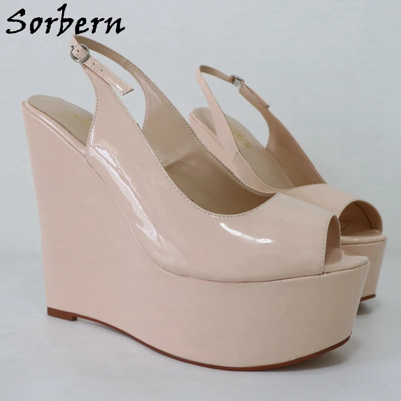 Sorbern Nude Patent Women Pump Shoes Slingback Open Toe High Heels Platform Narrow Wedge Heels Customized Shoes Unisex Size EU45