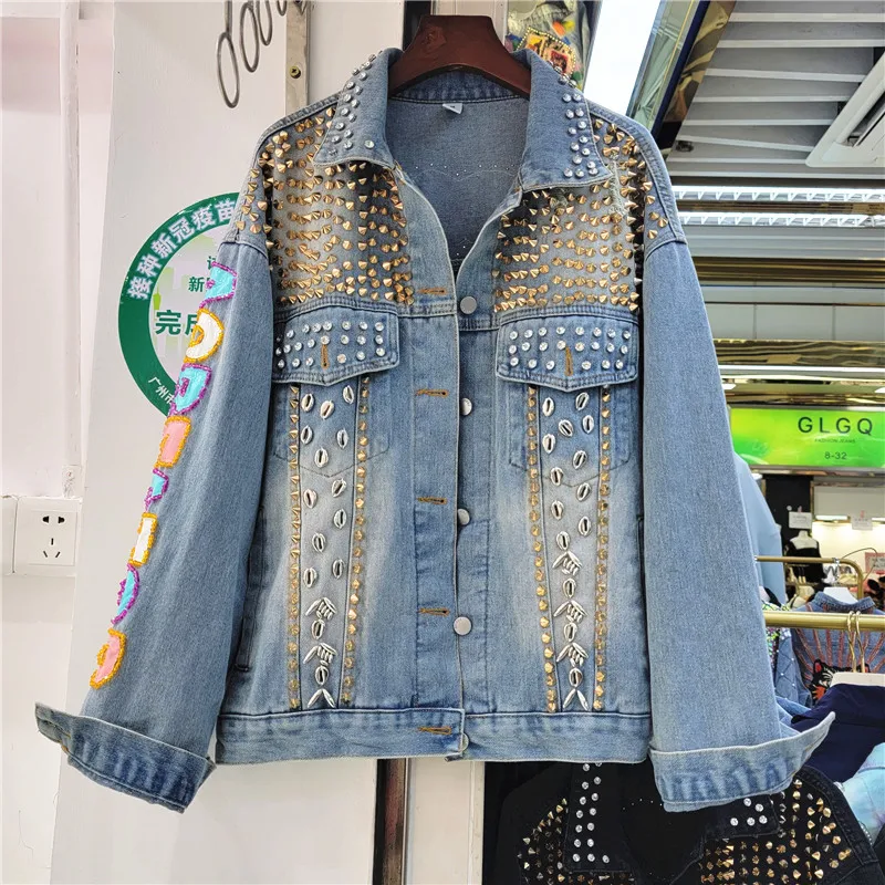 2022 Autumn New Coat Women Street Metal Rivet Beaded Sequins Cartoon Loose Denim Jacket Female Blue Jeans Coats Chaqueta Outwear
