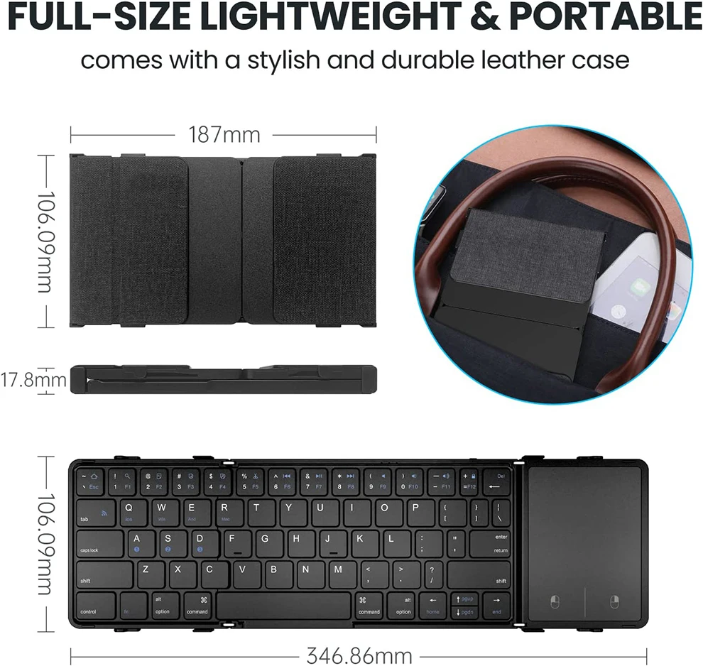 SeenDa Foldable Bluetooth Keyboard with Touchpad Portable Rechargeable Tri-Folded Ultra Slim Wireless Keyboard Support 3 Devices images - 6